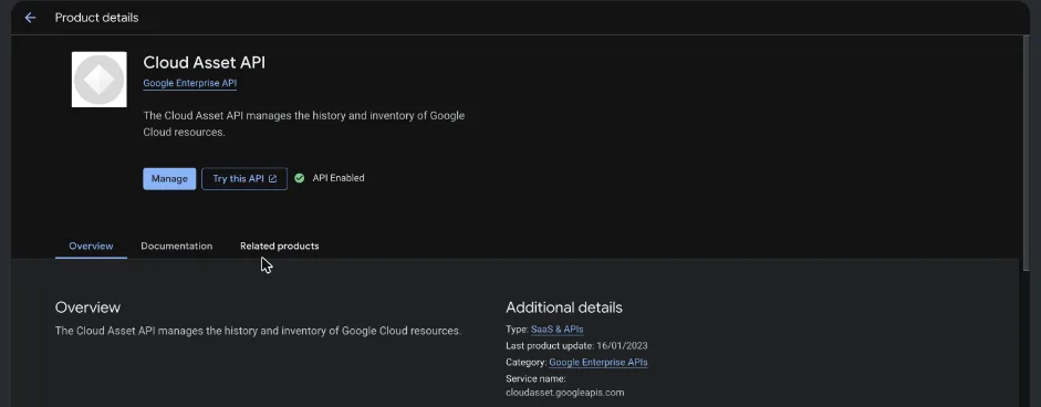 The Cloud Asset API page in the API Library, with a Manage button and a green API Enabled label.