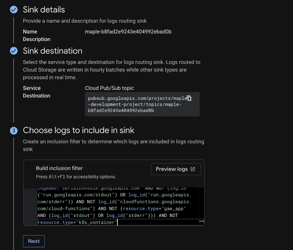 The Create logs routing sink page with sink details and destination done, and the filter pasted into Build inclusion filter.