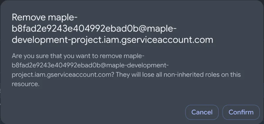 The confirmation to remove the read-only service account's access, listing that it loses all non-inherited roles on the resource.